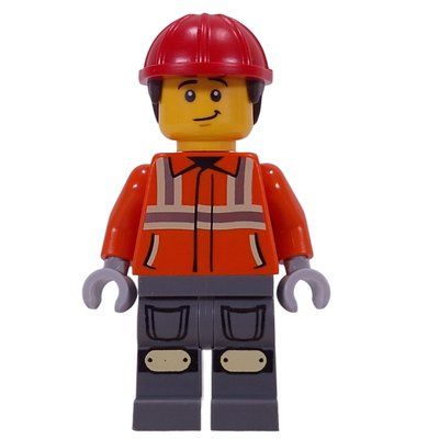 Minifiguur Construction Worker, Reddish Orange Safety Jacket, Dark Bluish Gray Legs, Red Helmet uit set 60467