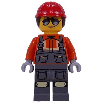 Figurine Construction Worker, Reddish Orange Safety Jacket, Overalls, Red Helmet, Reddish Brown Hair du set 60466