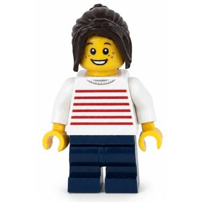 Minifigure Kid, White Torso, Dark Blue Medium Legs, Dark Brown Hair del set 910046