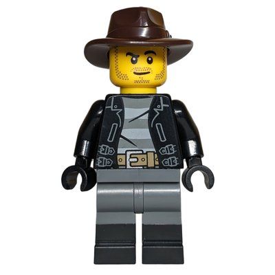 Minifigure Robber, Black Torso, Dark Bluish Grey Legs, Dark Brown Fedora del set 910044