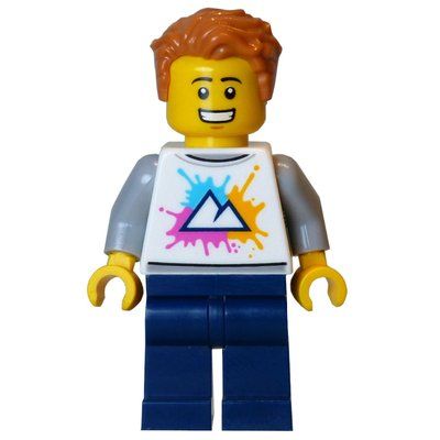 Minifigura Tourist, White Torso, Dark Blue Legs, Medium Nougat Hair del set 21359