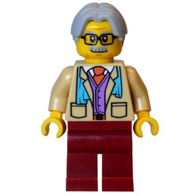 Minifigura Man, Tan Torso, Dark Red Legs, Light Bluish Grey Hair del set 21359