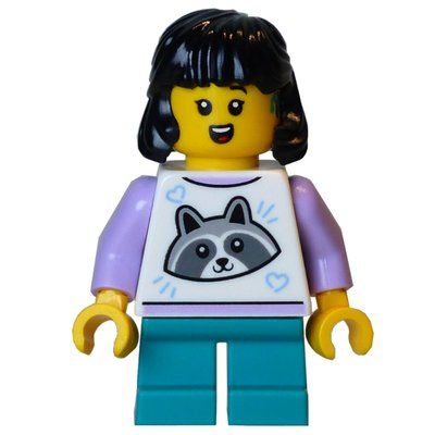 Minifigura Kid, White Torso, Dark Turquoise Legs, Black Hair del set 21359