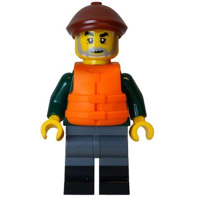 Minifigura Fisher Man, Dark Green Torso, Dark Bluish Grey Legs, Reddish Brown Cap, Life Vest del set 21359