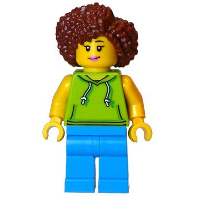 Minifigura Lime Torso, Dark Azure Legs, Reddish Brown Hair del set 21359