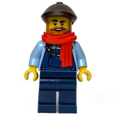 Minifigure Train Driver, Dark Blue Overall, Reddish Brown Cap, Scarf del set 10361