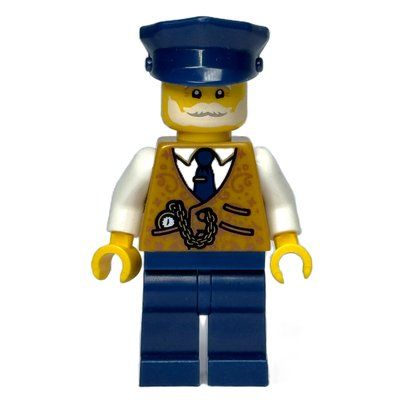 Minifigure Conductor, Pearl Gold Torso, Dark Blue Legs, Cap del set 10361