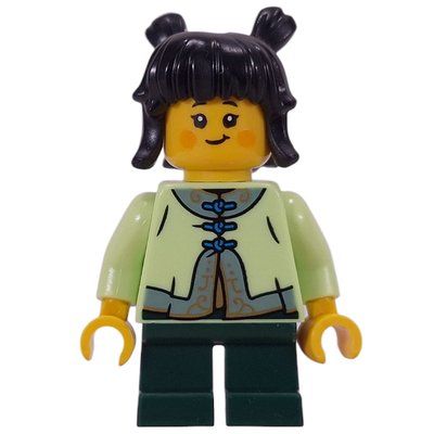Minifigure Kid, Yellowish Green Torso, Dark Green Legs, Black Hair from set 80119