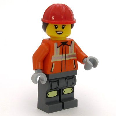 Figurine Construction Worker, Reddish Orange Jacket, Overall, Red Hard Hat with Dark Brown Ponytail du set 60478