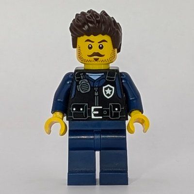Minifigure Police Officer, Black Vest, Dark Blue Legs, Dark Brown Hair, Moustache from set 60479