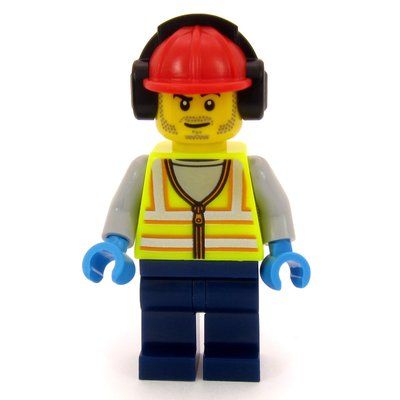 Minifigure Airport Ground Crew Worker, Vibrant Yellow Torso, Dark Blue Legs, Red Hard Hat from set 60502