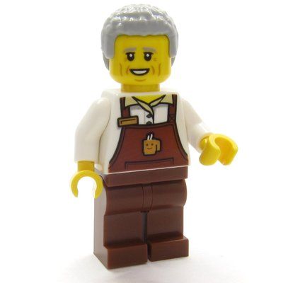 Minifigure Barista, Reddish Brown Apron, Light Bluish Grey Hair from set 60502