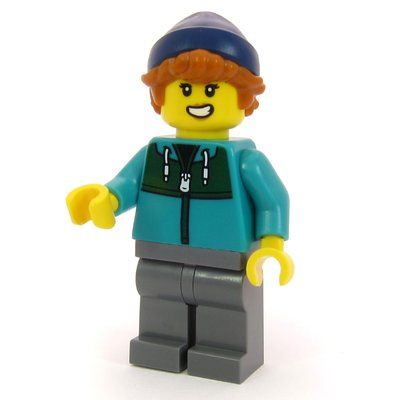 Minifigure Passenger, Dark Turquoise Torso, Dark Bluish Grey Legs, Dark Blue Beanie from set 60502