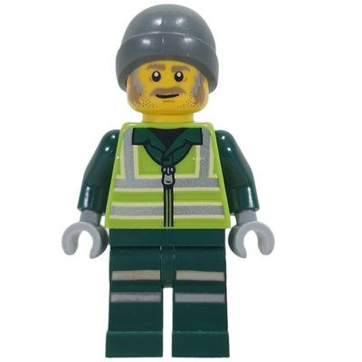 Minifigure Recycling Worker, Lime Safety Vest, Dark Green Legs, Dark Bluish Grey Beanie del set 60495