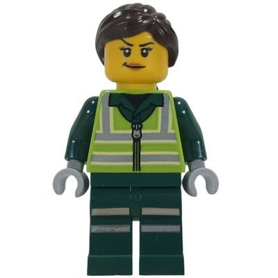 Minifigure Recycling Worker, Lime Safety Vest, Dark Green Legs, Dark Brown Hair del set 60495
