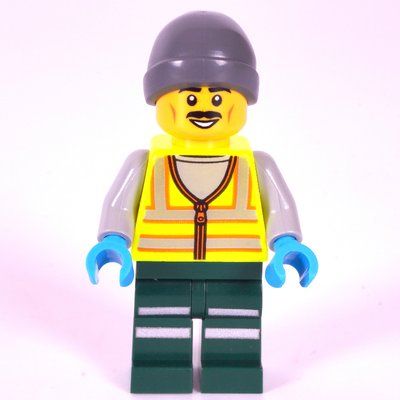 Minifigure Snowplow Driver, Lime Safety Vest, Dark Green Legs, Dark Bluish Grey Beanie del set 60490