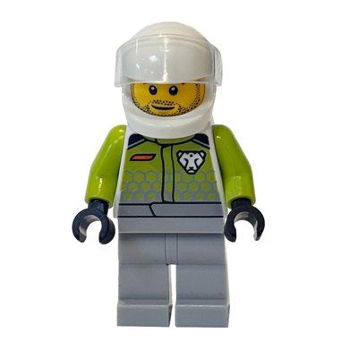 Minifigurka Race Driver, Lime Torso, Light Bluish Grey Legs, White Helmet z zestawu 60489
