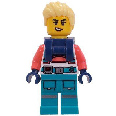 Figurine Astronaut, White/Coral Suit, Dark Turquoise Legs, Bright Light Yellow Hair, Harnass du set 45202