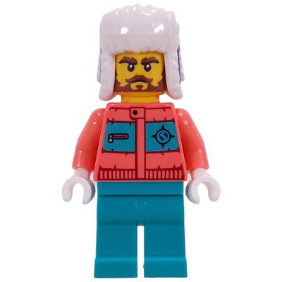 Minifigure Arctic Explorer, Coral Torso, Dark Turquoise Legs, Dark Blue Ushanka del set 45203