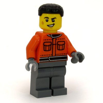 Minifigure Pit Crew, Reddish Orange Jacket, Dark Bluish Gray Legs, Black Hair del set 60493