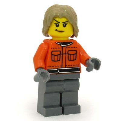 Minifigure Pit Crew, Reddish Orange Jacket, Dark Bluish Gray Legs, Dark Tan Hair del set 60493