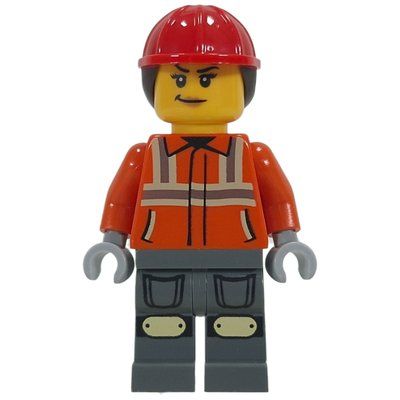 Figurine Construction Worker, Reddish Orange Jacket, Dark Bluish Gray Legs, Red Hard Hat with Ponytail du set 60480