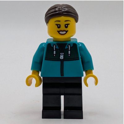 Minifigure Woman, Dark Turquoise Hoodie, Black Legs, Dark Brown Hair del set 60497